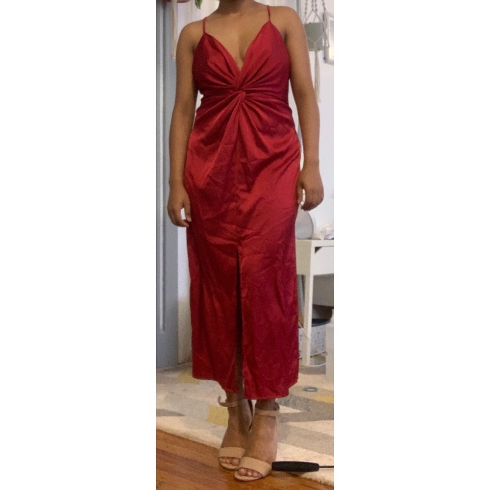 Red Satin Twist Front Maxi Dress Formal Evening Wedding Guest S/M